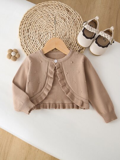 SHEIN Vintaside Kids Baby Girls Cardigans, Infant Girls Knitted Long Sleeve Open Front Sweater, Short Cape Style, Spring And Autumn, Bubble Hem Ruffle Design, Cute, Khaki