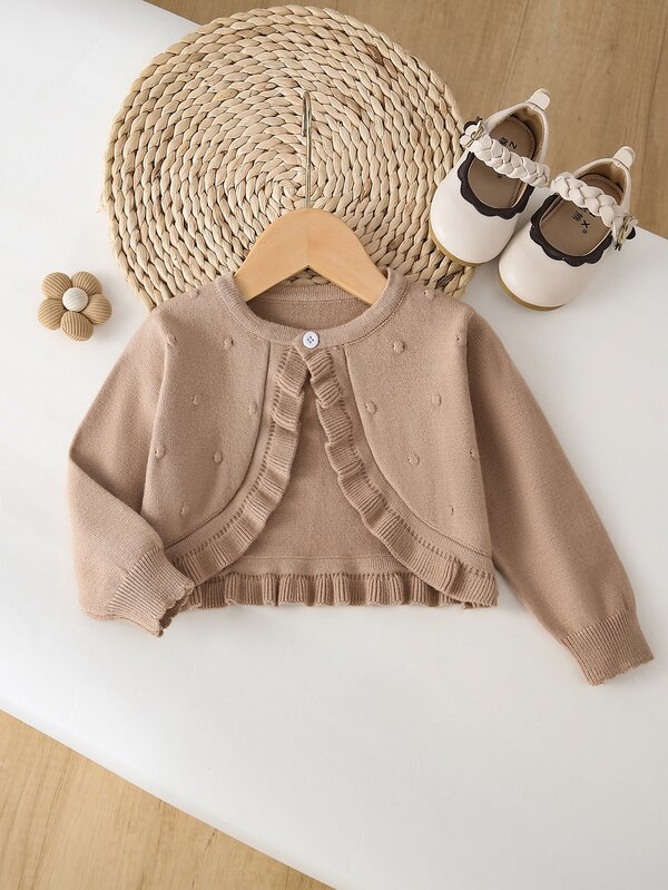 SHEIN Vintaside Kids Baby Girls Cardigans, Infant Girls Knitted Long Sleeve Open Front Sweater, Short Cape Style, Spring And Autumn, Bubble Hem Ruffle Design, Cute, Khaki