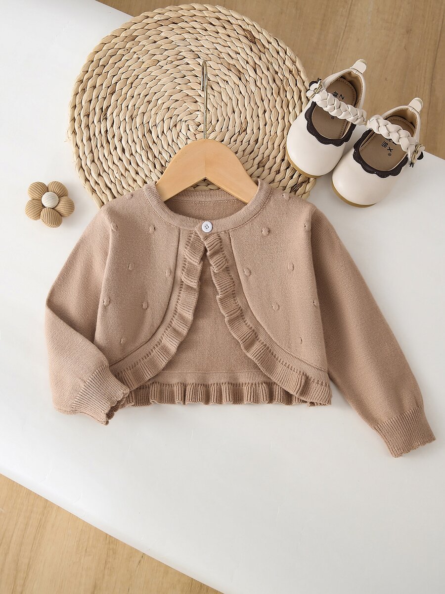SHEIN Vintaside Kids Baby Girls Cardigans, Infant Girls Knitted Long Sleeve Open Front Sweater, Short Cape Style, Spring And Autumn, Bubble Hem Ruffle Design, Cute, Khaki - Khaki - View 1