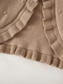 SHEIN Vintaside Kids Baby Girls Cardigans, Infant Girls Knitted Long Sleeve Open Front Sweater, Short Cape Style, Spring And Autumn, Bubble Hem Ruffle Design, Cute, Khaki - Khaki - View 7