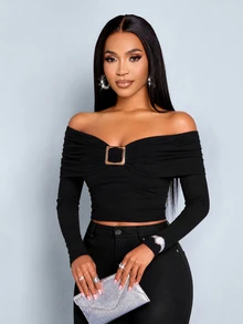 SOLERSUN Women's Cold Shoulder Ruched Long Sleeve Top, Buckle Detail Slim Fit Bodycon Skin Stretch T Shirt Club Night Club Night Out Black Fall Sexy - Black - View 3