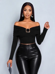 SOLERSUN Women's Cold Shoulder Ruched Long Sleeve Top, Buckle Detail Slim Fit Bodycon Skin Stretch T Shirt Club Night Club Night Out Black Fall Sexy - Black - View 11