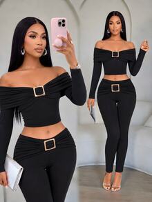 SOLERSUN Women's Cold Shoulder Ruched Long Sleeve Top, Buckle Detail Slim Fit Bodycon Skin Stretch T Shirt Club Night Club Night Out Black Fall Sexy - Black - View 8