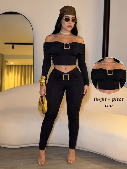 SOLERSUN Top de manga larga con hombros descubiertos y fruncido para mujer, detalle de hebilla, ajuste ceñido, camiseta elástica tipo ajustado, negro, sexy, para otoño y salidas nocturnas