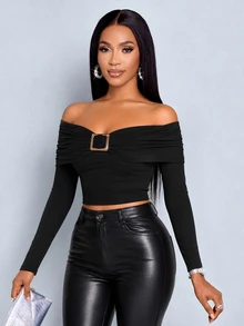 SOLERSUN Women's Cold Shoulder Ruched Long Sleeve Top, Buckle Detail Slim Fit Bodycon Skin Stretch T Shirt Club Night Club Night Out Black Fall Sexy - Black - View 7
