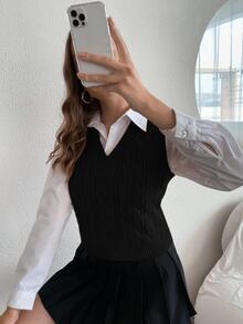 SHEIN PariChic Solid Cable Knit Sweater Vest Without Blouse - Black - View 5