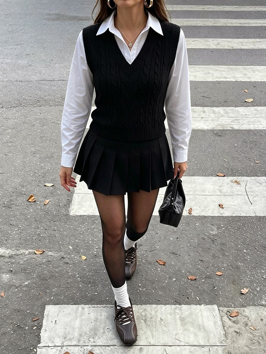 SHEIN PariChic Solid Cable Knit Sweater Vest Without Blouse - Black - View 1