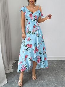 Elenzga 女款淺藍色花卉夏季波希米亞度假茶會復古宮廷風海灘度假斜領荷葉邊不對稱下擺長洋裝 - 藍色 - 查看 3