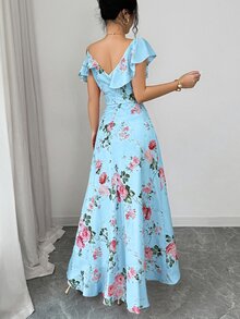 Elenzga 女款淺藍色花卉夏季波希米亞度假茶會復古宮廷風海灘度假斜領荷葉邊不對稱下擺長洋裝 - 藍色 - 查看 2