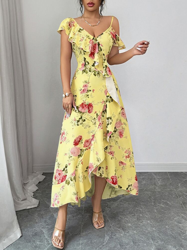Elenzga Women Pink And Yellow Floral Print Long Maxi Dress, Summer Boho Holiday Tea Party Retro Palace Style Oblique Collar Ruffle Asymmetric Hem Beach Outfit - Yellow - View 3