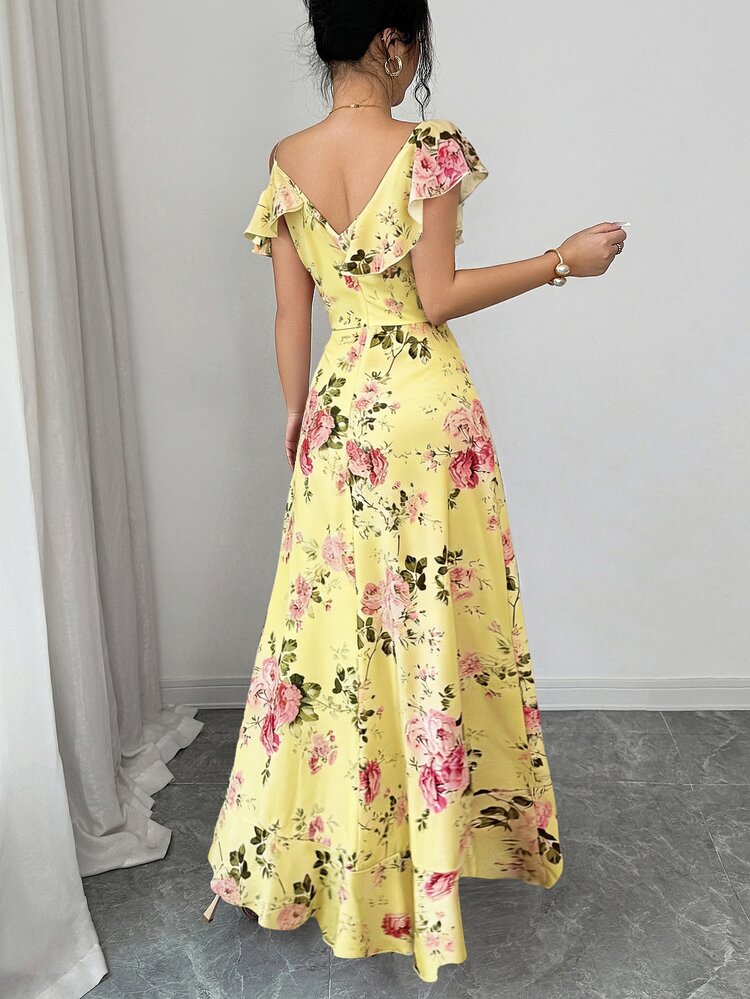 Elenzga Women Pink And Yellow Floral Print Long Maxi Dress, Summer Boho Holiday Tea Party Retro Palace Style Oblique Collar Ruffle Asymmetric Hem Beach Outfit - Yellow - View 2