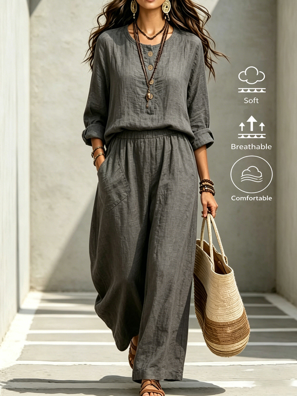 Omancia Women's Linen Texture Long Sleeve 2-Piece Set, Loose Round Neck Top + High Waist Wide Leg Pants Slouchy Vacation Outfit Dark Grey Autumn Casual