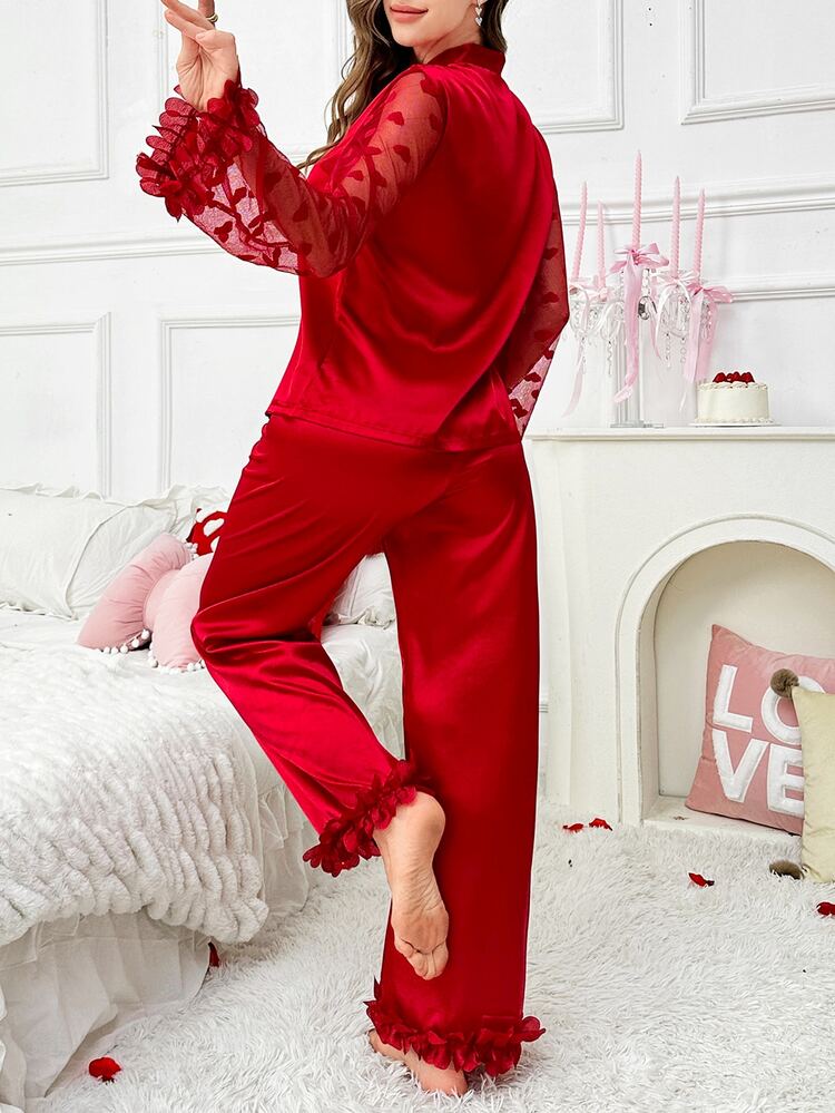 Slumberist 3pcs Women 3D Floral Lace Heart Mesh Satin Pajama Set Bridal Lingerie, Fall Winter Clothes Cozy And Elegant Details - Red - View 2