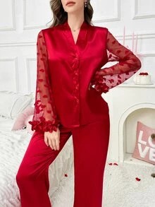 Slumberist 3件套女士3D立体花卉蕾丝爱心网纱缎面睡衣套装，新娘内衣，秋冬舒适优雅细节 - 紅色 - 查看 5