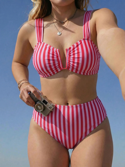 Swim Mod 2026 Neues Damen-Bikini-Set, Große Größen für den Sommer, breite Träger, rot-weiß gestreiftes Muster, U-Ausschnitt, sexy lässiges Zweiteiler-Bikini für Urlaub und Party