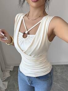 Elenzga Women's Spring/Summer New Ruched Neckline Sleeveless Pleated Top, Elegant Vacation Casual Halter Apricot Tank Top - Apricot - View 1