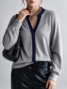 SHEIN Clasi Fall/Winter Women's Plus Size Contrast Trim Small Stand Collar V-Neck Ribbed Knit Top Loose Drop Shoulder Traditional Long Sleeve Sweater Formal Grey - Grey - View 4