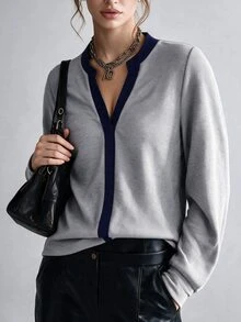 SHEIN Clasi Fall/Winter Women's Plus Size Contrast Trim Small Stand Collar V-Neck Ribbed Knit Top Loose Drop Shoulder Traditional Long Sleeve Sweater Formal Grey - Grey - View 5