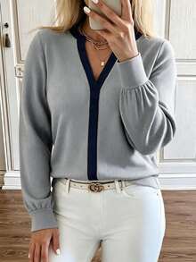 SHEIN Clasi Fall/Winter Women's Plus Size Contrast Trim Small Stand Collar V-Neck Ribbed Knit Top Loose Drop Shoulder Traditional Long Sleeve Sweater Formal Grey - Grey - View 2