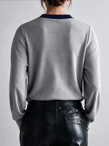 SHEIN Clasi Fall/Winter Women's Plus Size Contrast Trim Small Stand Collar V-Neck Ribbed Knit Top Loose Drop Shoulder Traditional Long Sleeve Sweater Formal Grey - Grey - View 6