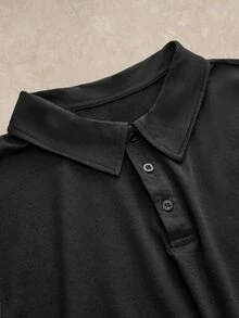 Courvante 大尺碼男士純色前開扣長袖休閒素面 Polo 衫，適合外出、秋季、正式場合 - 黑色 - 查看 5