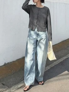 FRIFUL 女士纯灰色圆领长袖罗纹饰边纽扣宽松休闲T恤，秋季百搭 - 深灰色 - 查看 2