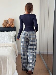 Napfluff Sexy V-Neck Slim Fit Long Sleeve Woven Plaid Pants Pajama Set For Women - Navy Blue - View 8