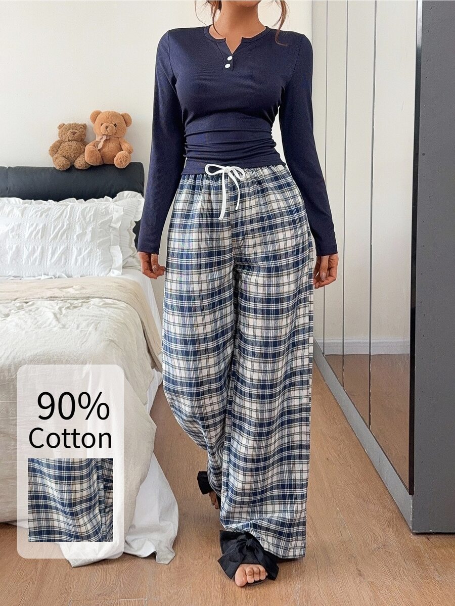 Napfluff Sexy V-Neck Slim Fit Long Sleeve Woven Plaid Pants Pajama Set For Women - Navy Blue - View 1