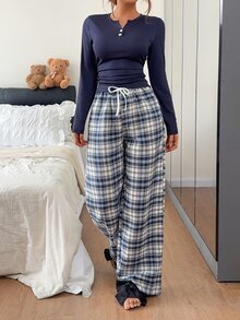 Napfluff Sexy V-Neck Slim Fit Long Sleeve Woven Plaid Pants Pajama Set For Women - Navy Blue - View 5