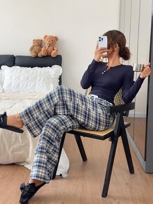 Napfluff Sexy V-Neck Slim Fit Long Sleeve Woven Plaid Pants Pajama Set For Women - Navy Blue - View 2
