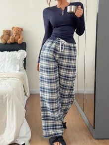 Napfluff Sexy V-Neck Slim Fit Long Sleeve Woven Plaid Pants Pajama Set For Women - Navy Blue - View 6