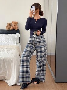 Napfluff Sexy V-Neck Slim Fit Long Sleeve Woven Plaid Pants Pajama Set For Women - Navy Blue - View 7