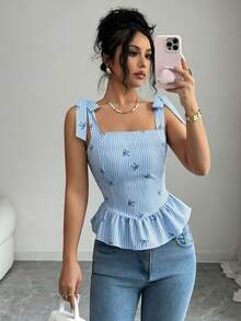 Elenzga Women's Summer Casual Cute Blue And White Stripe Bow Print Ruffle Hem Tank Top Brunch Picnic - Blue - View 4