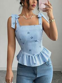Elenzga Women's Summer Casual Cute Blue And White Stripe Bow Print Ruffle Hem Tank Top Brunch Picnic - Blue - View 1