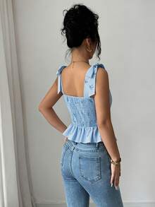Elenzga Women's Summer Casual Cute Blue And White Stripe Bow Print Ruffle Hem Tank Top Brunch Picnic - Blue - View 2