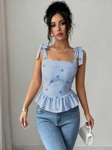 Elenzga Women's Summer Casual Cute Blue And White Stripe Bow Print Ruffle Hem Tank Top Brunch Picnic - Blue - View 3