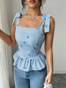 Elenzga Women's Summer Casual Cute Blue And White Stripe Bow Print Ruffle Hem Tank Top Brunch Picnic - Blue - View 5