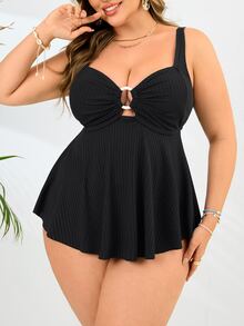 SHEIN Swim Curve 2件組大尺碼女款黑色極簡主義平口比基尼上衣與高腰三角泳褲，夏季度假泳裝 - 黑色 - 查看 6