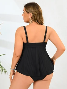 SHEIN Swim Curve 2件組大尺碼女款黑色極簡主義平口比基尼上衣與高腰三角泳褲，夏季度假泳裝 - 黑色 - 查看 2