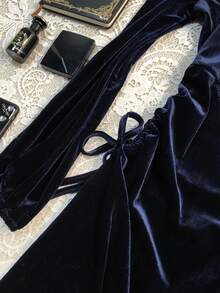 RosyDaze Gaun Beludru Biru Tua Gaya Prancis Seksi Musim Gugur/Dingin, Gaun Panjang Sedang dengan Kerah Persegi Berenda dan Pinggang Berkerut di Samping, Busana Elegan untuk Kencan dan Pesta - Navy Blue - View 6
