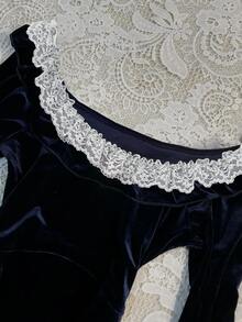 RosyDaze Gaun Beludru Biru Tua Gaya Prancis Seksi Musim Gugur/Dingin, Gaun Panjang Sedang dengan Kerah Persegi Berenda dan Pinggang Berkerut di Samping, Busana Elegan untuk Kencan dan Pesta - Navy Blue - View 8