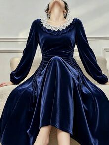 RosyDaze Gaun Beludru Biru Tua Gaya Prancis Seksi Musim Gugur/Dingin, Gaun Panjang Sedang dengan Kerah Persegi Berenda dan Pinggang Berkerut di Samping, Busana Elegan untuk Kencan dan Pesta - Navy Blue - View 1