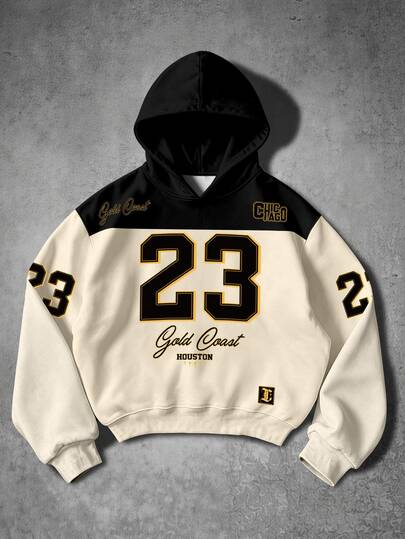 Manfinity EMRG Men's Vintage American Streetwear Chicago #23 Sports V-Neck Loose Fit Long Sleeve Double Layer Hooded Sweatshirt