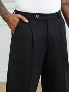 HUEFORM Men's Premium Black Pleated Drape Wool Fabric, Vintage High-Waist Loose Curved Leg Casual Commute Old Money Style Relaxed Fit Trousers - Black - View 6