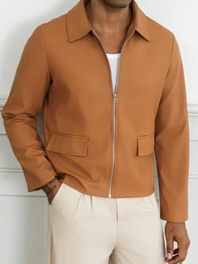 HUEFORM Men's Old Money Lined Premium Matte Leather Caramel Camel Turn-Down Collar Short Structured Casual Jacket, - Camel - View 3