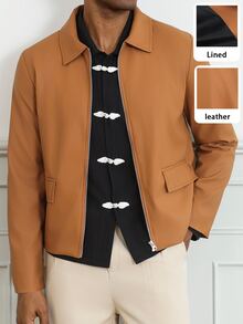 HUEFORM Men's Old Money Lined Premium Matte Leather Caramel Camel Turn-Down Collar Short Structured Casual Jacket, - Camel - View 6