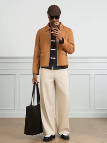 HUEFORM Men's Old Money Lined Premium Matte Leather Caramel Camel Turn-Down Collar Short Structured Casual Jacket, - Camel - View 4