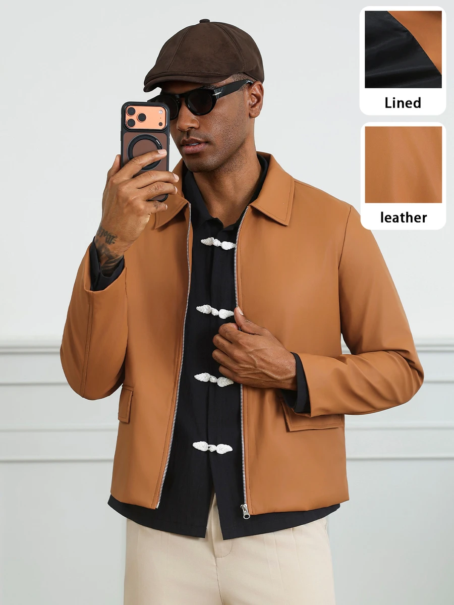 HUEFORM Men's Old Money Lined Premium Matte Leather Caramel Camel Turn-Down Collar Short Structured Casual Jacket, - Camel - View 1