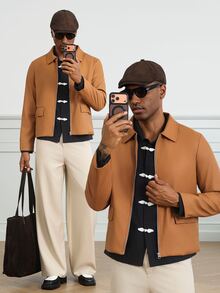 HUEFORM Men's Old Money Lined Premium Matte Leather Caramel Camel Turn-Down Collar Short Structured Casual Jacket, - Camel - View 5