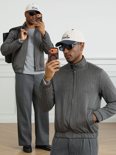 HUEFORM Men's Old Money Gray Herringbone Pattern Stand Collar Zip-Up Short Jacket, Vintage Loose Drop Shoulder Commuter Casual Baseball Jacket